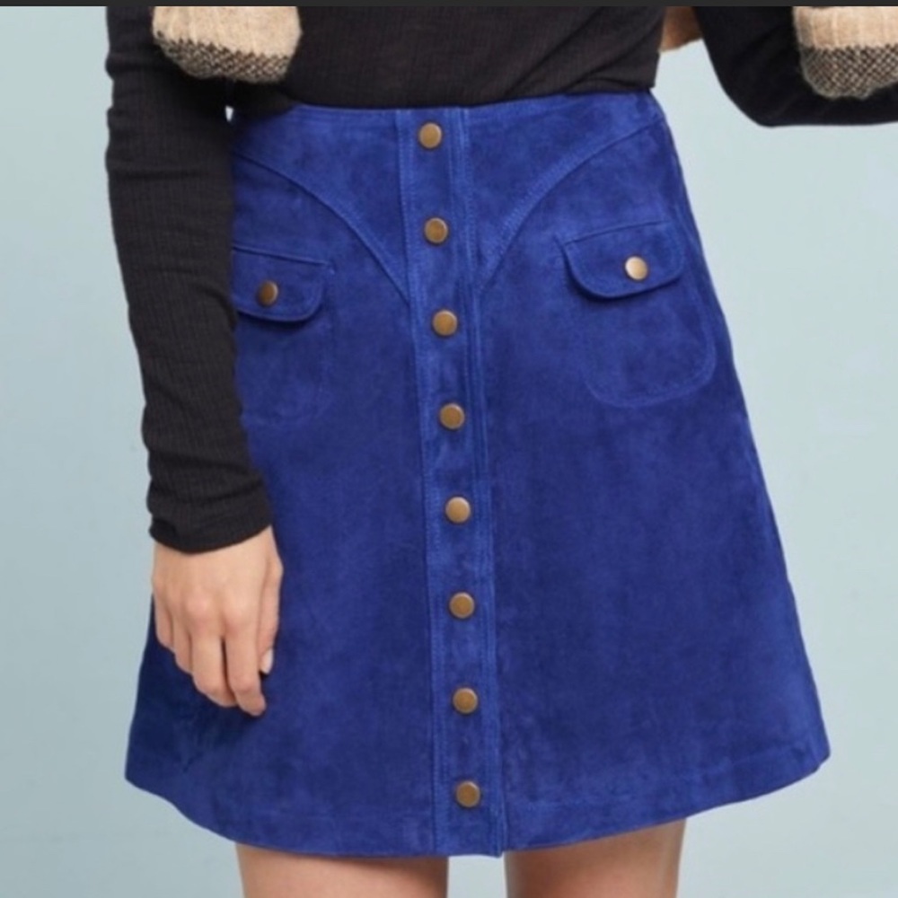 Anthropologie Blue Suede Button Up Skirt sz 8